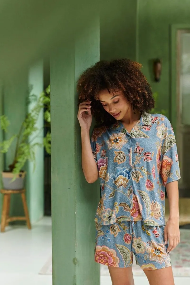 Pip Studio Strandmode|Tops|Flora Top Kurze Ärmeln Matata Blau