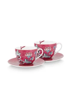 Pip Studio Porzellan Sets|Cappuccino Tasse|Flower Festival Set/2 Cappuccino Tasse & Undertasse Dunkel Rosa