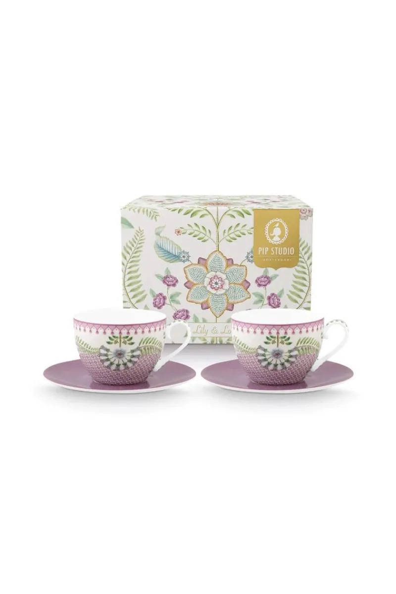 Pip Studio Porzellan Sets|Cappuccino Tasse|Lily & Lotus Set/2 Cappuccino Tasse & Untertasse Lila Violett