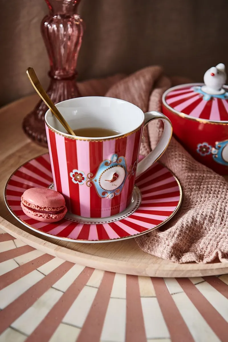 Pip Studio Teetassen|Kaffeetassen|Love Birds Tasse Gross Gestreift Rot/Rosa