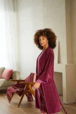 Pip Studio Kimonos|Bademäntel|Naomi Kimono Velvet Little Sumo Stripe Rosa Rot