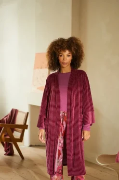 Pip Studio Kimonos|Bademäntel|Naomi Kimono Velvet Little Sumo Stripe Rosa Rot