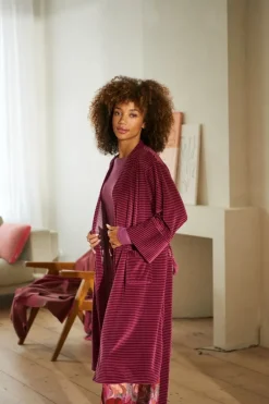 Pip Studio Kimonos|Bademäntel|Naomi Kimono Velvet Little Sumo Stripe Rosa Rot