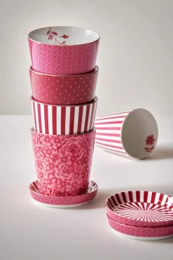 Pip Studio Teetassen|Porzellan Sets|Royal Stripes Tasse Blumen & Teebeutelablage Dunkel Rosa