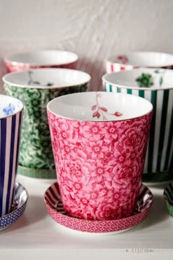 Pip Studio Teetassen|Porzellan Sets|Royal Stripes Tasse Blumen & Teebeutelablage Dunkel Rosa