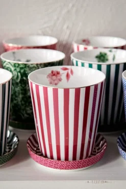 Pip Studio Porzellan Sets|Teetassen|Royal Stripes Tasse & Teebeutelablage Dunkel Rosa