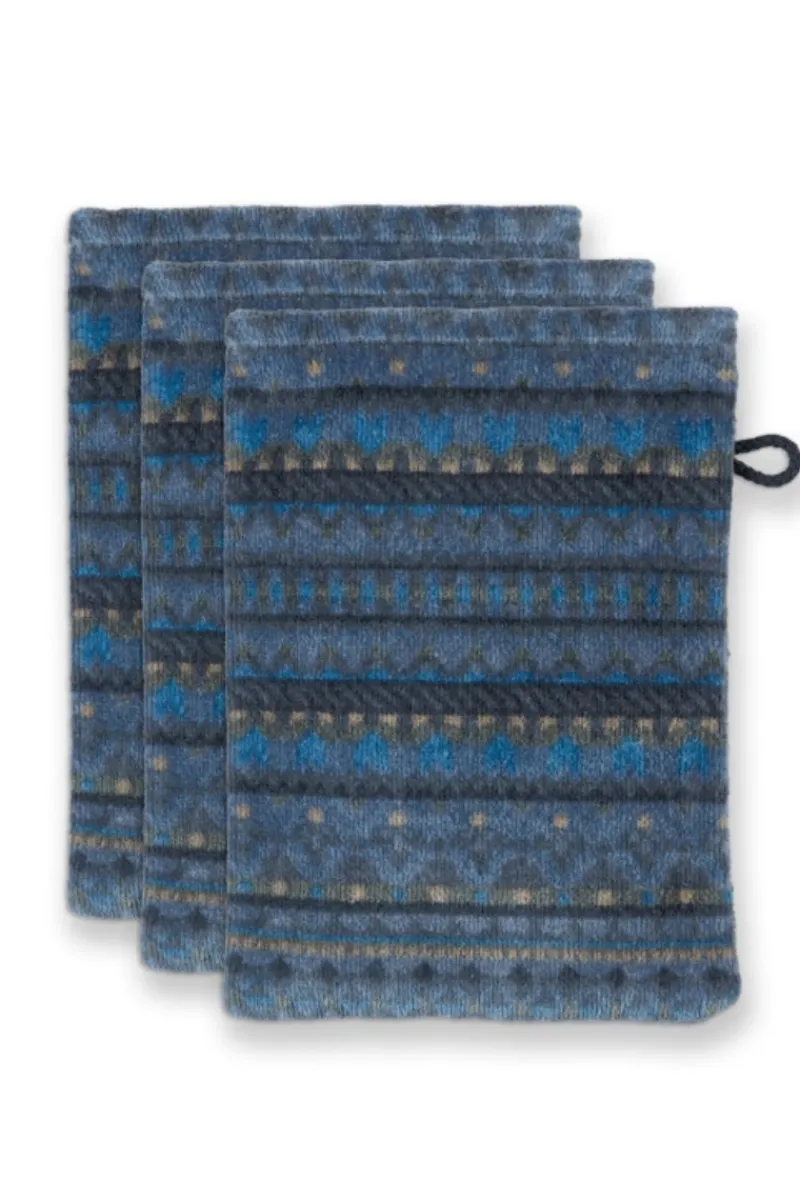 Pip Studio Waschlappen|Waschlappen Set/3 Geometric Print Dunkel 16x22cm Blau