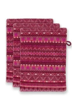 Pip Studio Waschlappen|Waschlappen Set/3 Geometric Print Dunkel 16x22cm Rosa